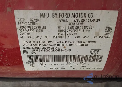 2020 Ford Explorer St from USA, damaged, VIN 1FM5K8GC2LGB94245